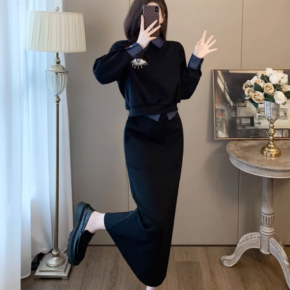 여성맨투맨투피스 카라넥 레이어드 맨투맨치마투피세트 빅사이즈 고퀄리티 캐주얼 코디세트 - 상세 이미지 2