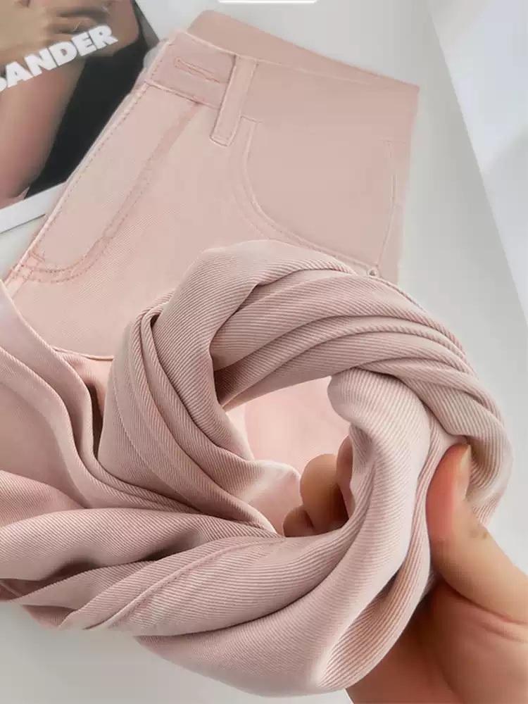 빅사이즈 봄 여름 핑크 텐셀 일자 와이드 데님 팬츠 - 상세 이미지 5