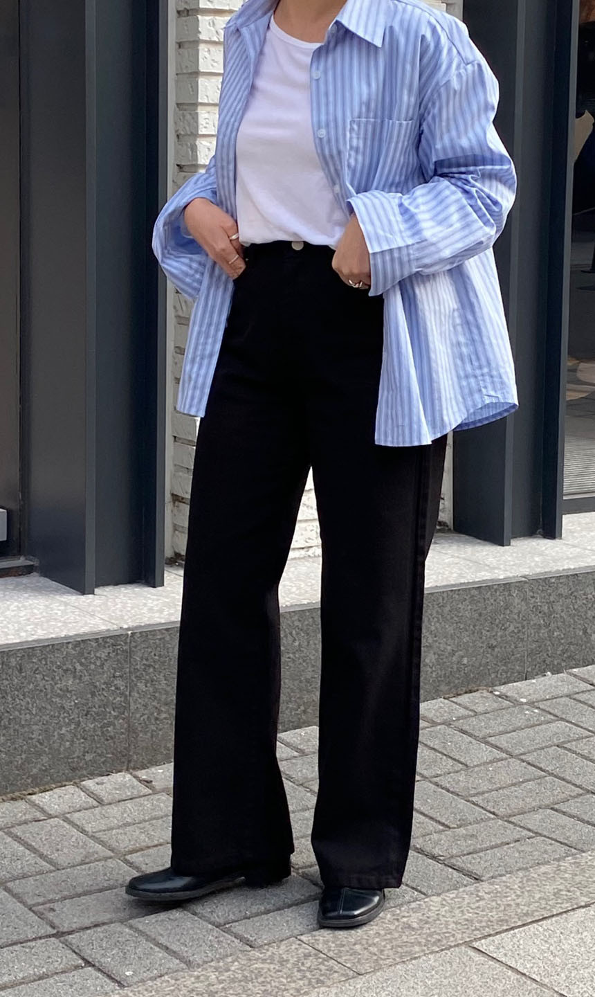 키작녀바지 블랙 코튼 세미와이드 일자핏 팬츠 상세 이미지 1