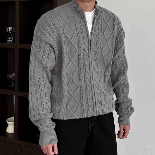 남자 르헤 오버핏 비스코스 케이블 꽈배기 풀집업 니트 가디건