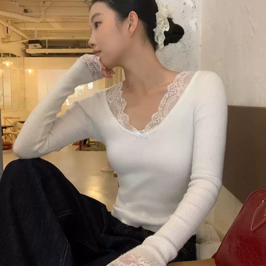 여성 레이스 카라 소매 슬림핏 이너 티셔츠 - 상품 이미지