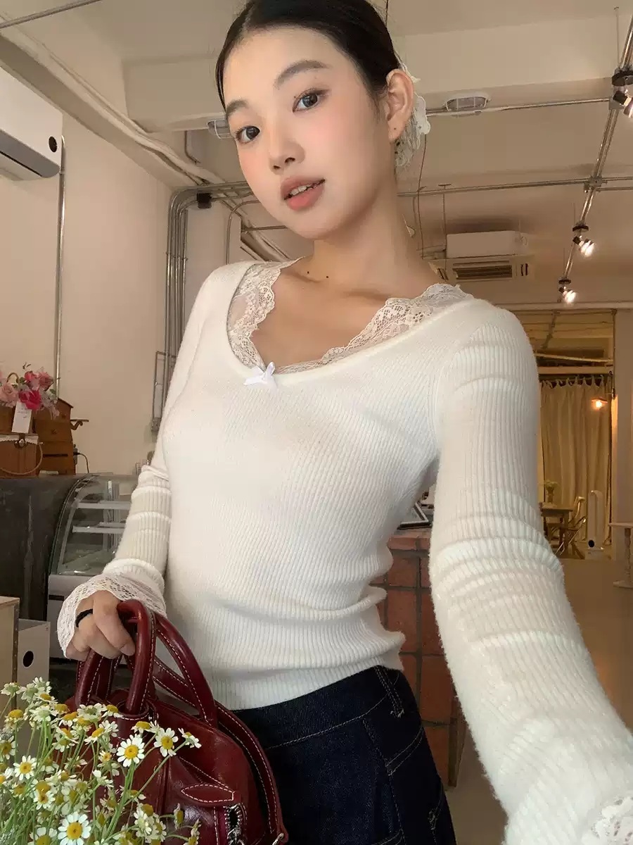 여성 레이스 카라 소매 슬림핏 이너 티셔츠 - 상세 이미지 3