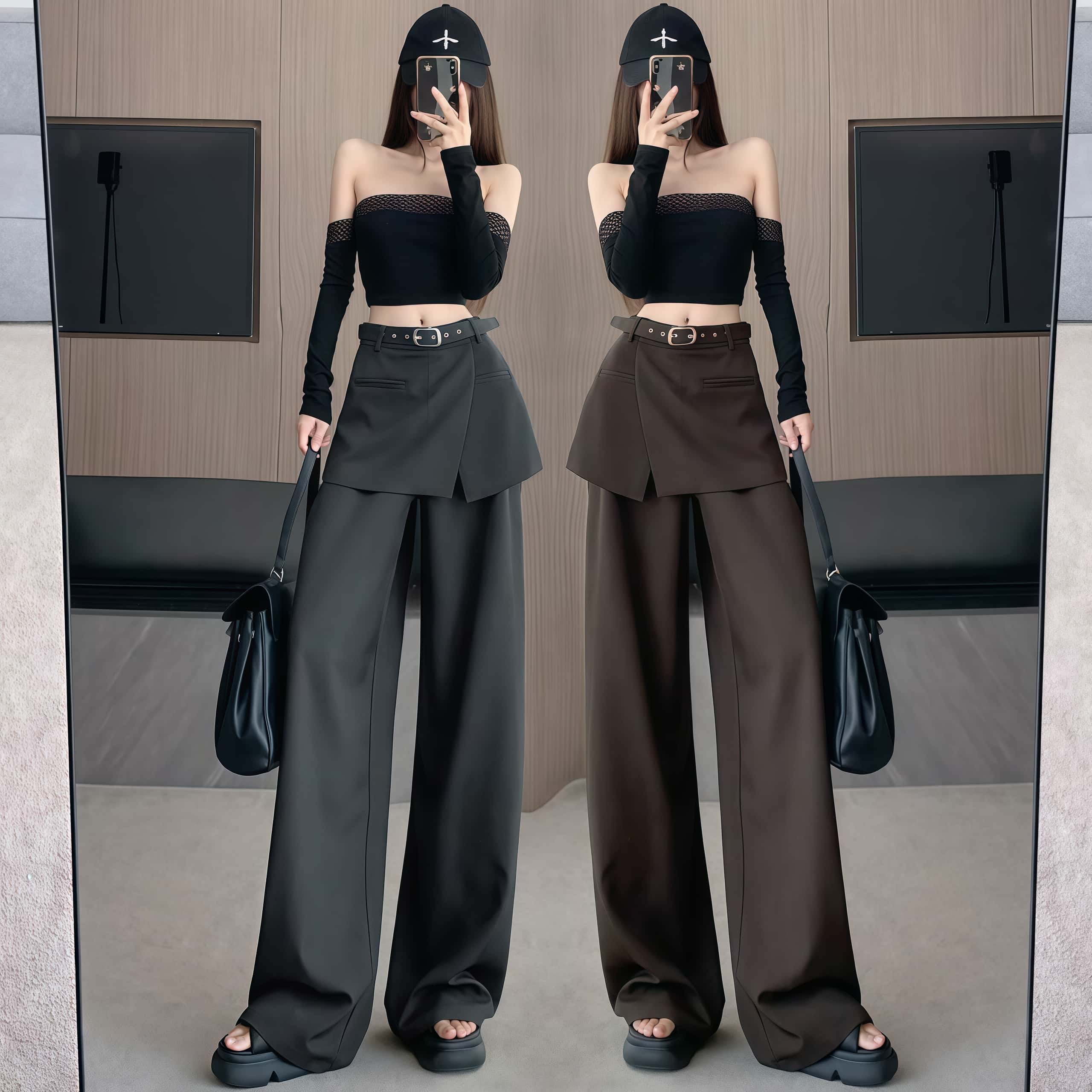 여성 Y2K 힙딥커버 와이드팬츠 루즈핏 레이어드 하이웨스트 슬랙스 빅사이즈 캐주얼바지 - 상품 이미지