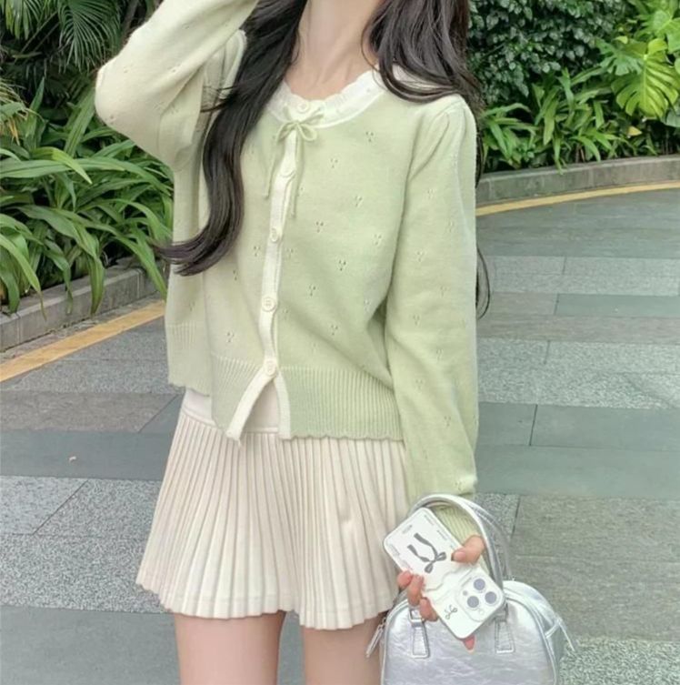 여친룩 부드러운 카디건 한국 스타일 두꺼운 긴소매 순색 니트 여성용 아우터 니트웨어 빈티지 그린 - 메인 이미지