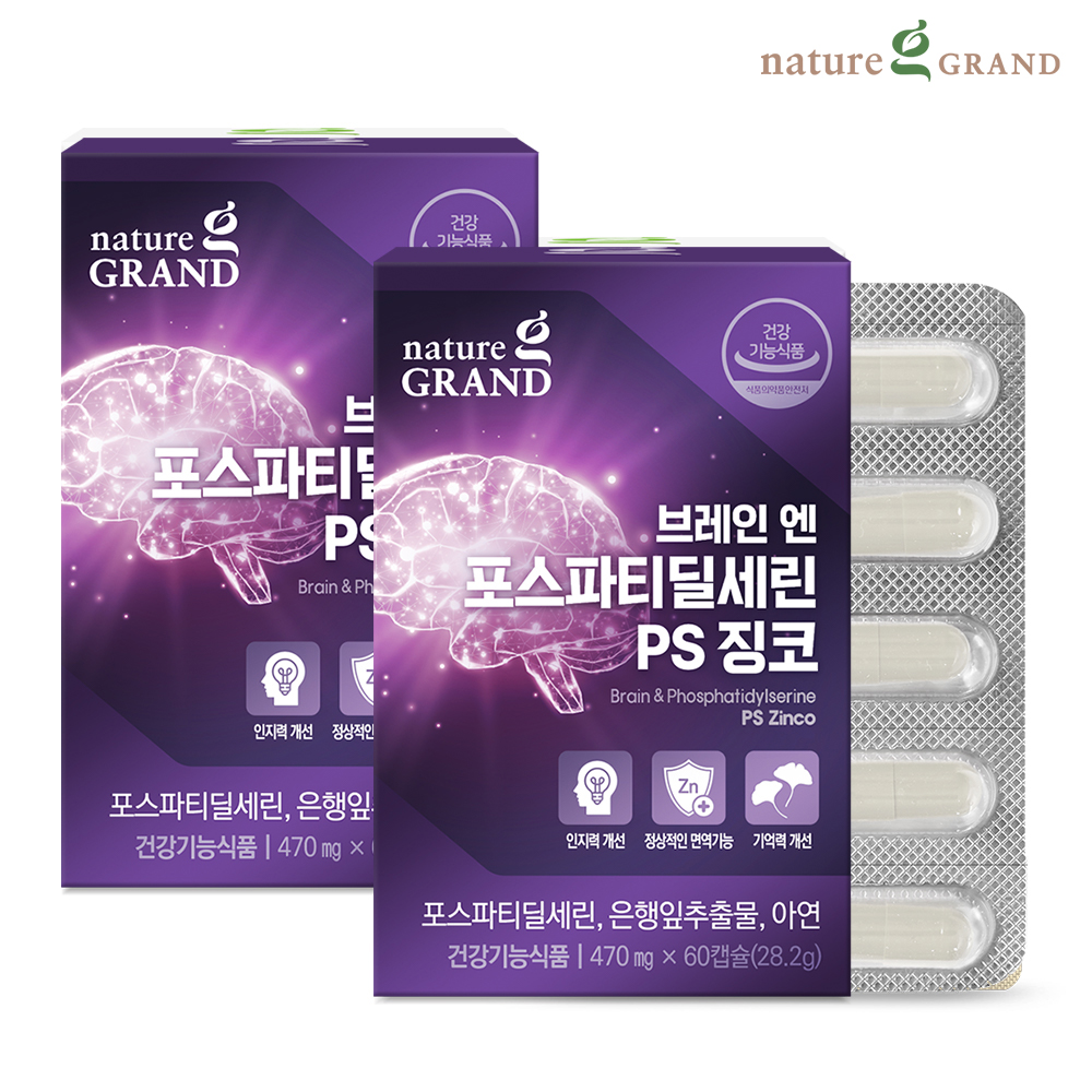 네이처그랜드 브레인 포스파티딜세린 PS 징코 두뇌 은행잎추출물 인지력 60캡슐, 2개 - 메인 이미지