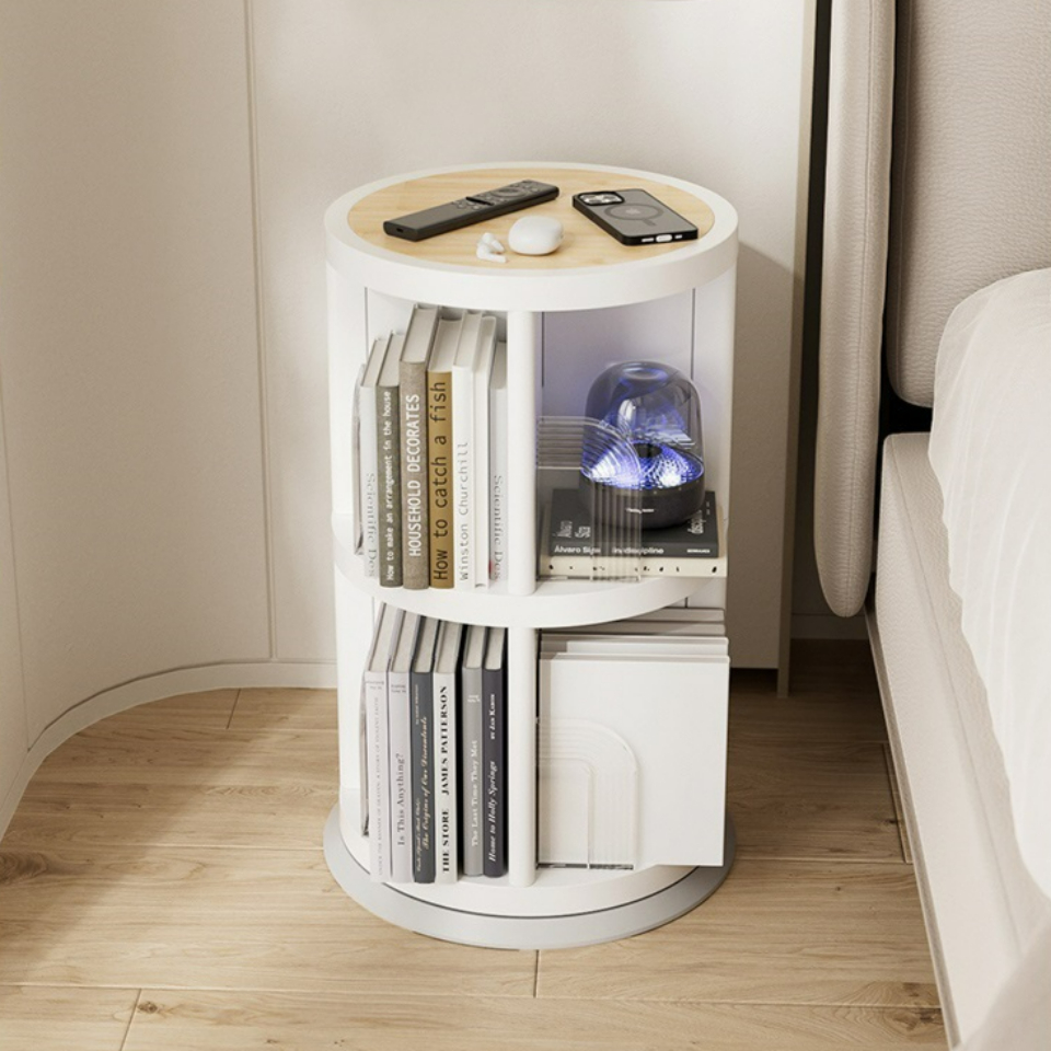 360도 회전하는 미드센추리 원형 책장 틈새 코너 공간 활용 회전 책꽂이 2단