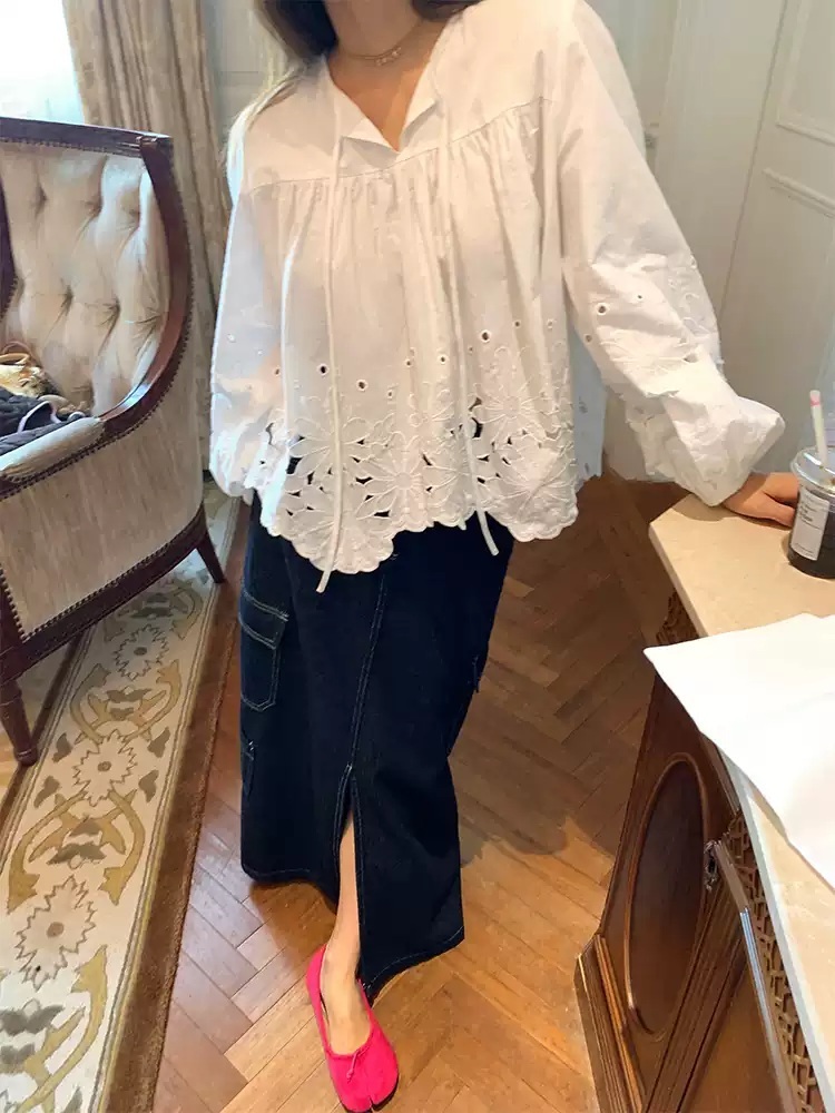 순면 자수 긴팔블라우스 밑부분꽃무늬 퍼프소매 청순 휴양지 예쁜 디자인 스타일 화이트 - 상세 이미지 3