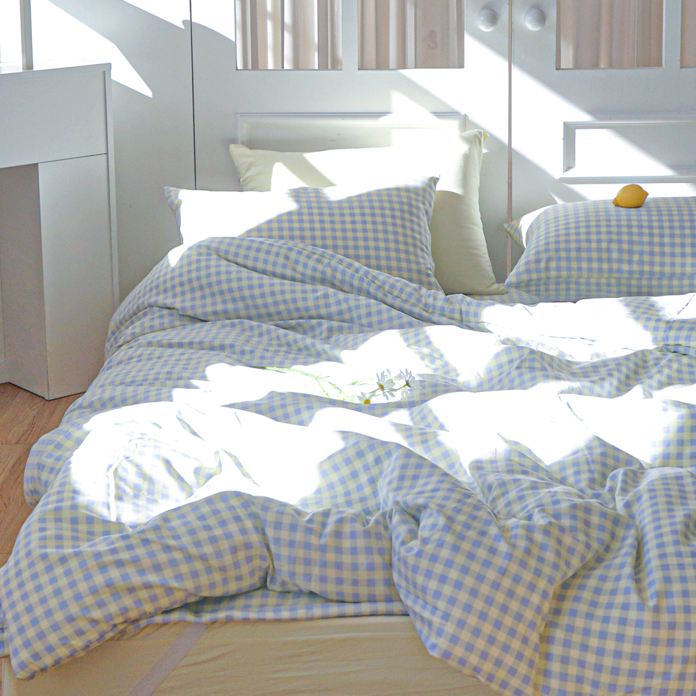 드림체크 먼지없는 사계절 옥수수솜 무봉제 차렵이불세트 블루 레몬, SS패드세트(이불+베개커버+침대패드)