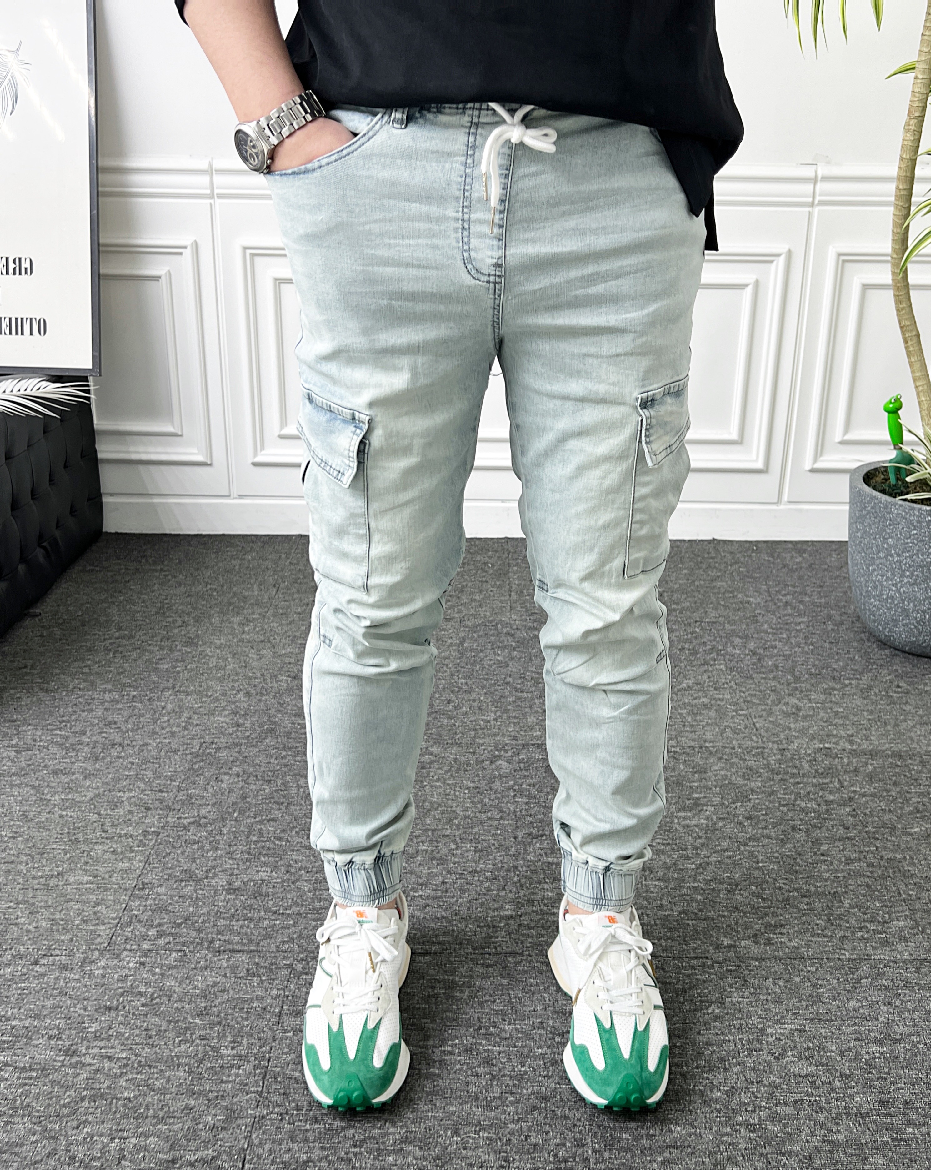 남자 밴딩 청바지 스판 카고 연청 데님 조거팬츠 - 상세 이미지 2