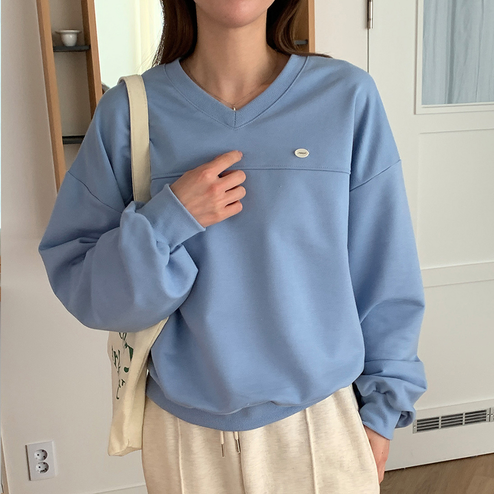 캐주얼 오버핏 팬던트 세미크롭 여성무지맨투맨 여자 맨투맨 우먼 티셔츠 코튼 브이넥 코디