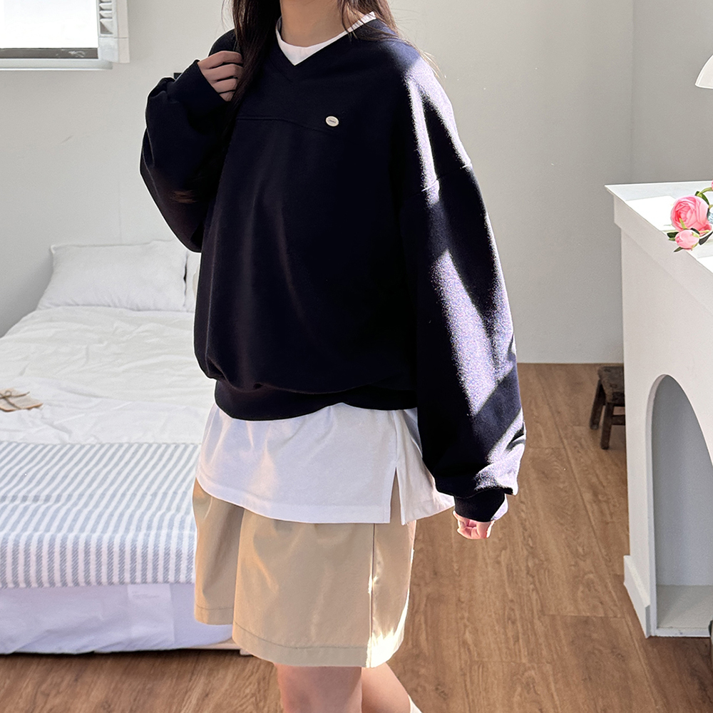 캐주얼 오버핏 팬던트 세미크롭 여성무지맨투맨 여자 맨투맨 우먼 티셔츠 코튼 브이넥 코디 이미지 7