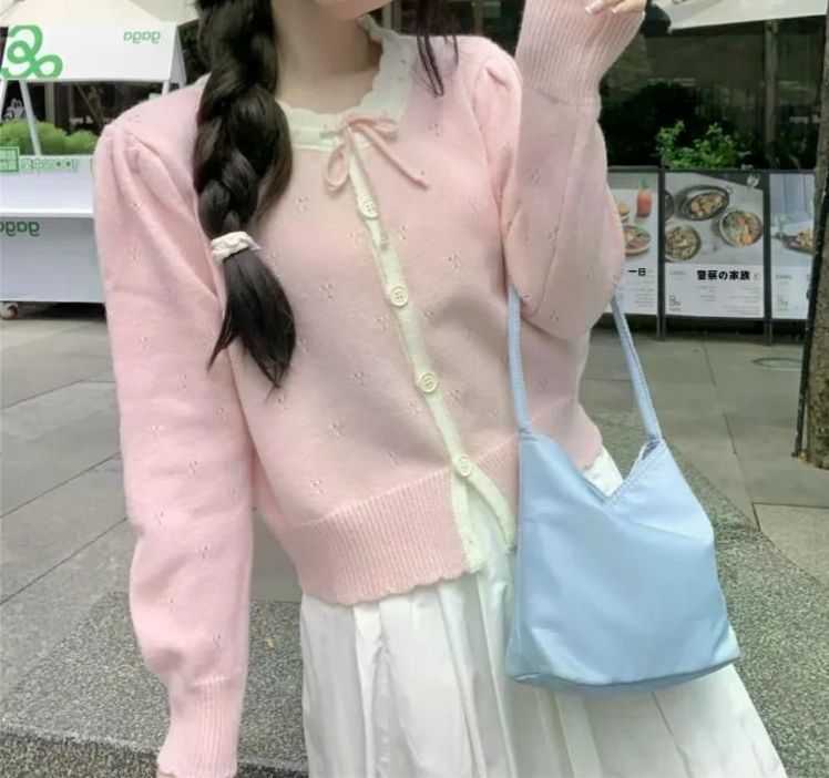 여친룩 부드러운 카디건 한국 스타일 두꺼운 긴소매 순색 니트 여성용 아우터 니트웨어 빈티지 그린 - 상세 이미지 4