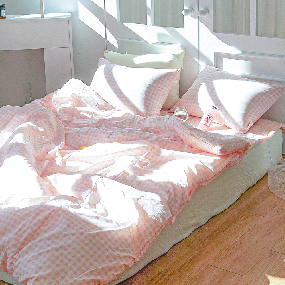 드림체크 먼지없는 사계절 옥수수솜 무봉제 차렵이불세트 핑크 레몬, Q패드세트(이불+베개커버+침대패드)