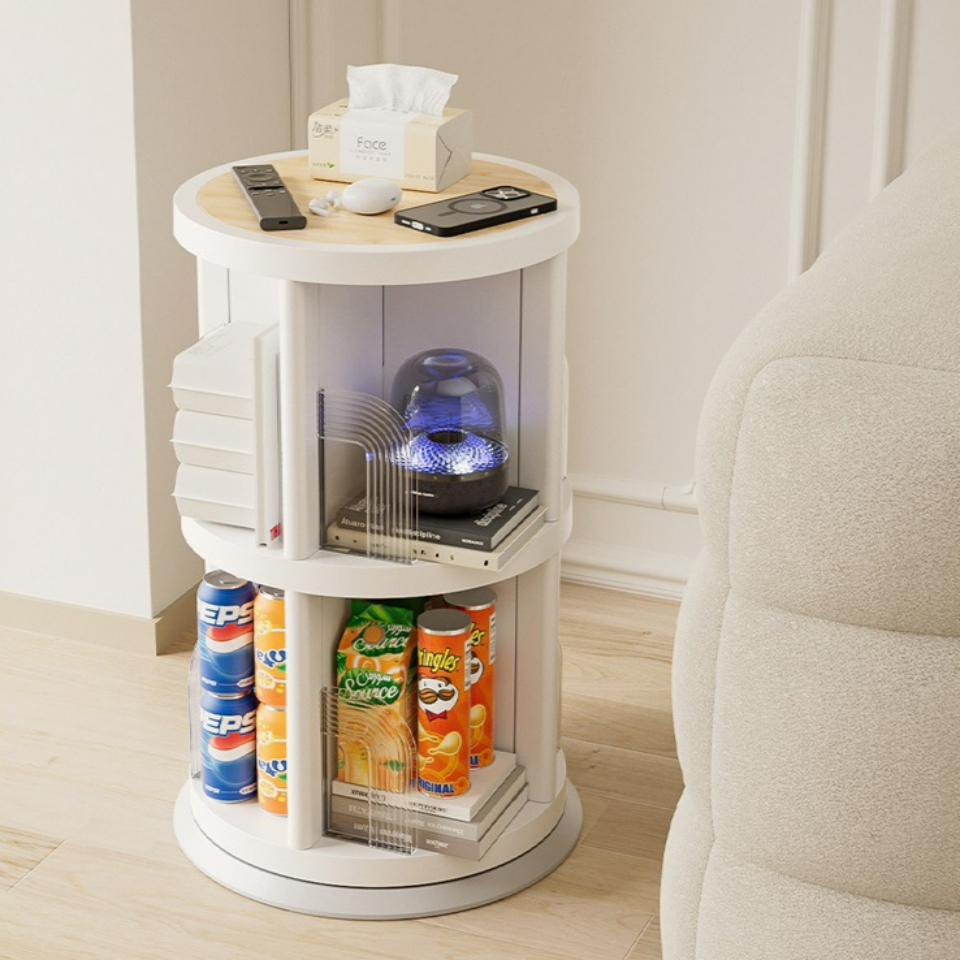 360도 회전하는 미드센추리 원형 책장 틈새 코너 공간 활용 회전 책꽂이 2단