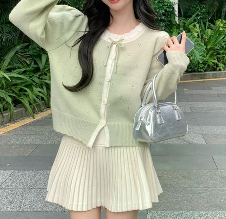 여친룩 부드러운 카디건 한국 스타일 두꺼운 긴소매 순색 니트 여성용 아우터 니트웨어 빈티지 그린 - 상세 이미지 2