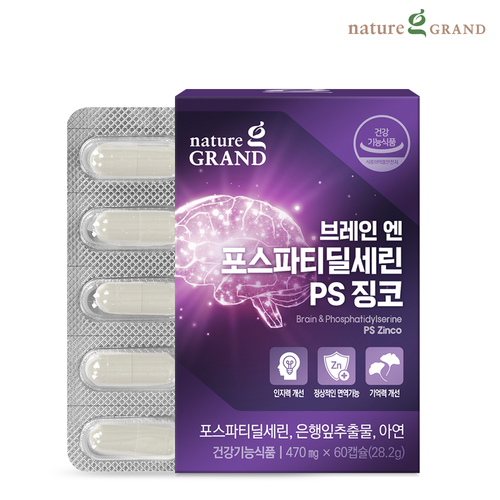 네이처그랜드 브레인 포스파티딜세린 PS 징코 두뇌 은행잎추출물 인지력 60캡슐, 1개