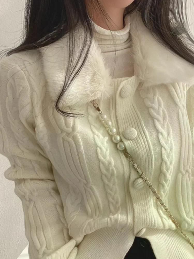 여친룩 여성용 니트 외투 루즈핏 긴팔 헐렁한 루즈한 퍼프 칼라 퍼 털 블랙 - 상세 이미지 4