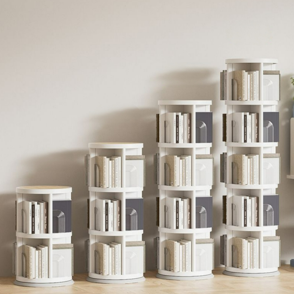 360도 회전하는 미드센추리 원형 책장 틈새 코너 공간 활용 회전 책꽂이 2단