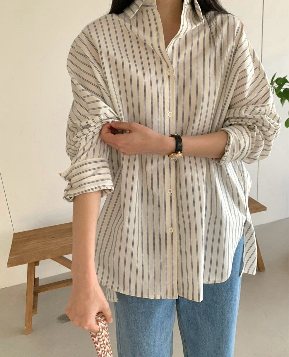 가을 간절기 럭키룸 모노 스트라이프 줄지 셔츠 남방 루즈핏 - 상세 이미지 3