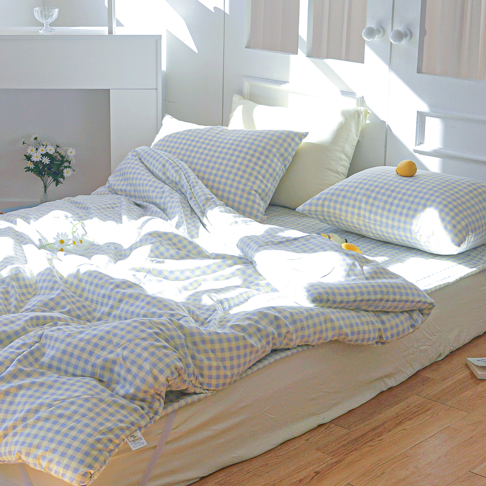 드림체크 먼지없는 사계절 옥수수솜 무봉제 차렵이불세트 블루 레몬, SS패드세트(이불+베개커버+침대패드)
