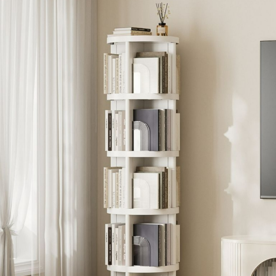 360도 회전하는 미드센추리 원형 책장 틈새 코너 공간 활용 회전 책꽂이 2단