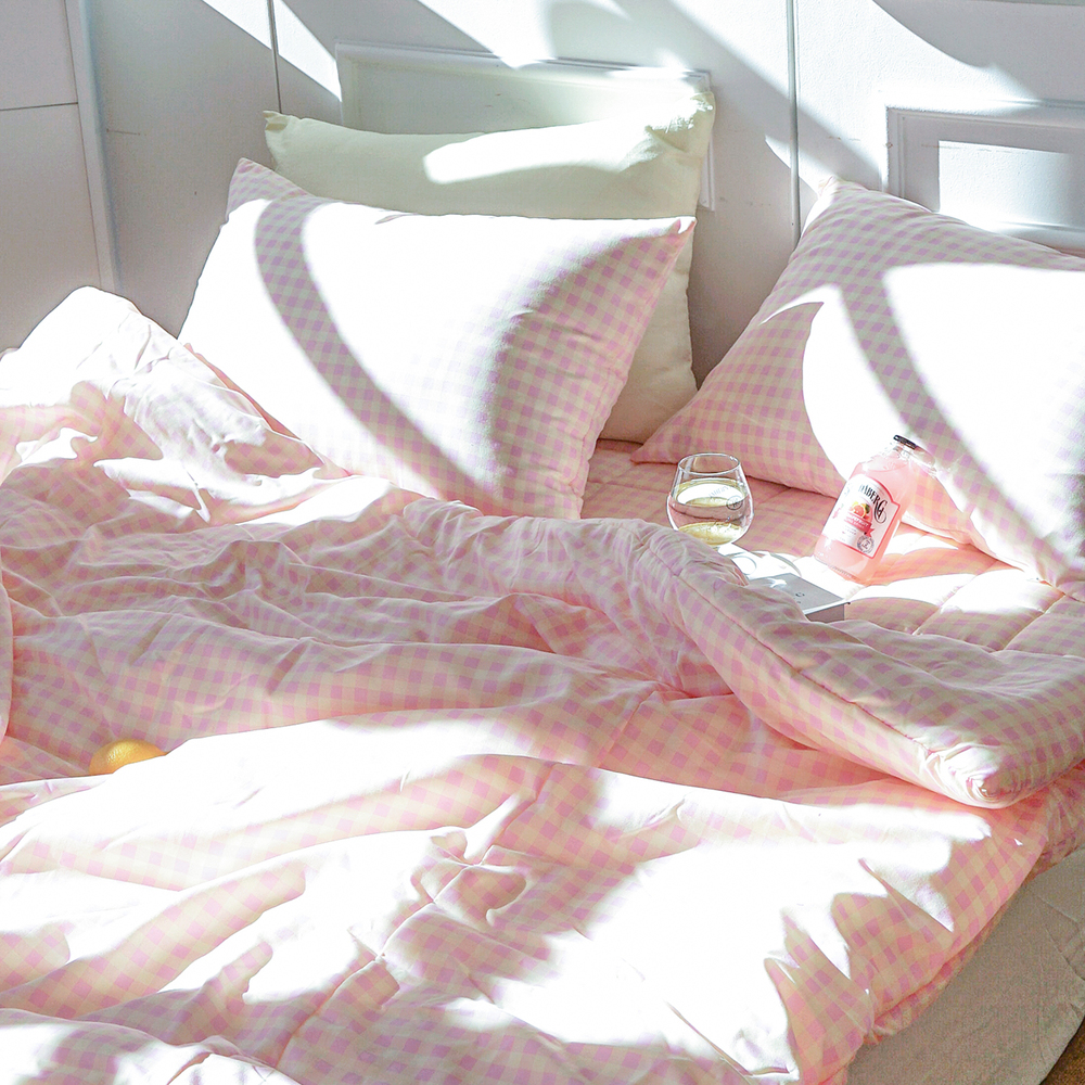 드림체크 먼지없는 사계절 옥수수솜 무봉제 차렵이불세트 핑크 레몬, Q패드세트(이불+베개커버+침대패드)