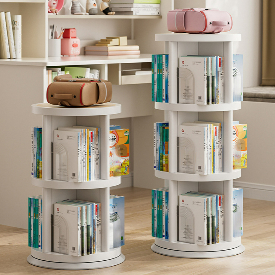 360도 회전하는 미드센추리 원형 책장 틈새 코너 공간 활용 회전 책꽂이 2단