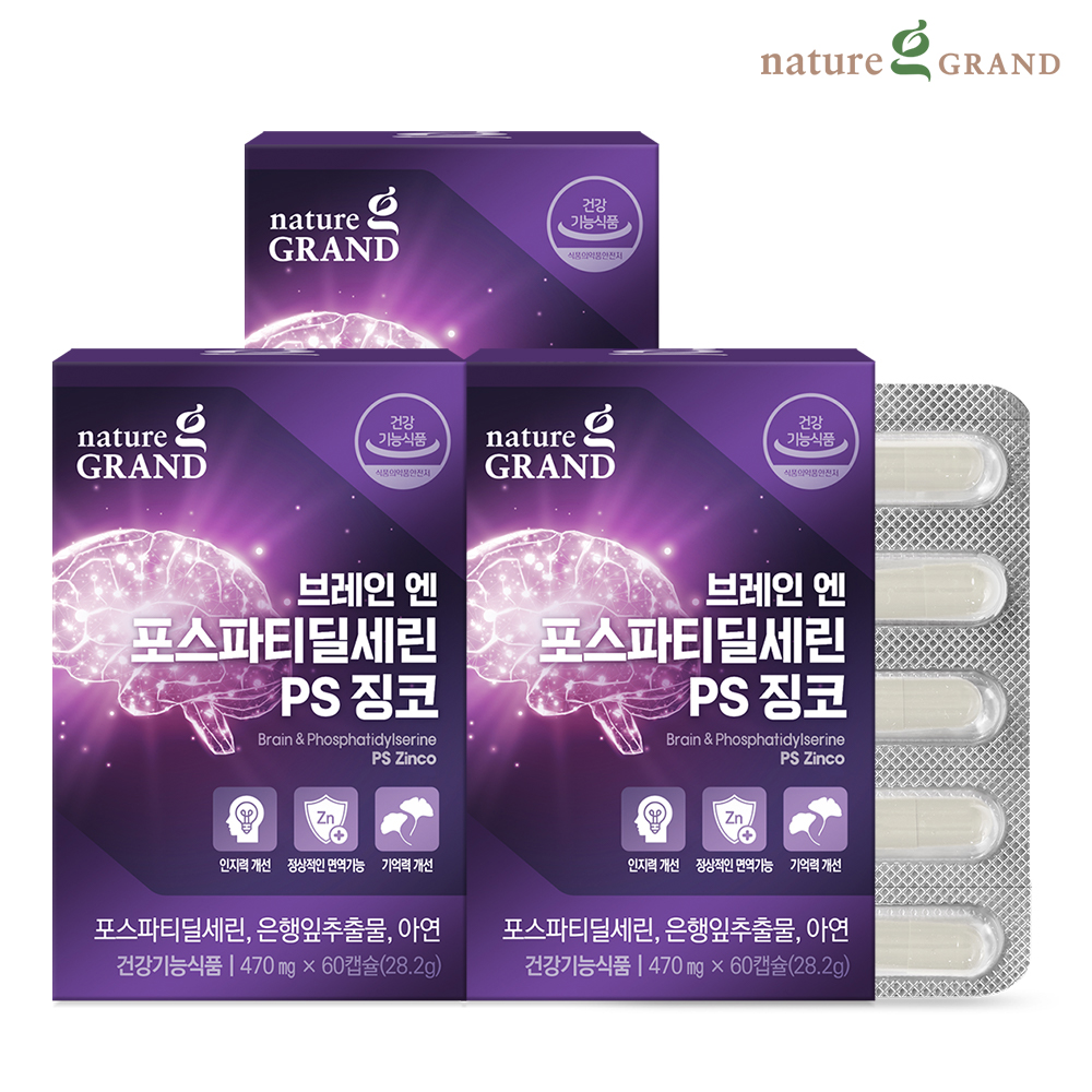 네이처그랜드 브레인 포스파티딜세린 PS 징코 두뇌 은행잎추출물 인지력 60캡슐, 3개 - 메인 이미지