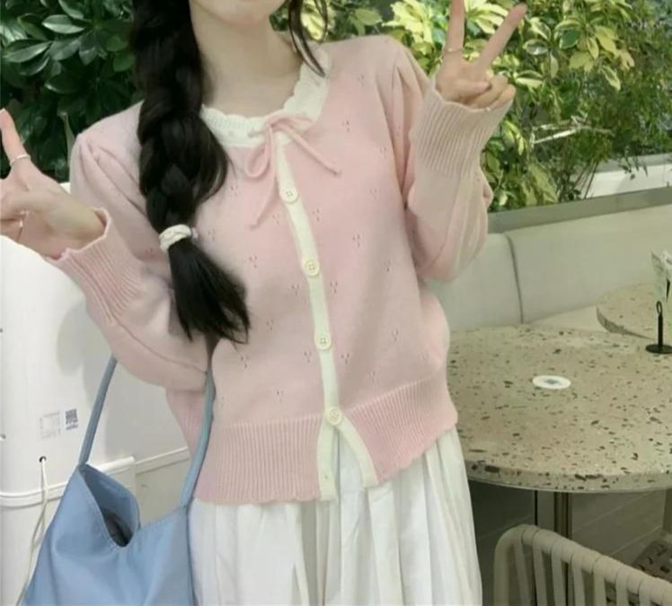 여친룩 부드러운 카디건 한국 스타일 두꺼운 긴소매 순색 니트 여성용 아우터 니트웨어 빈티지 그린 - 상세 이미지 5