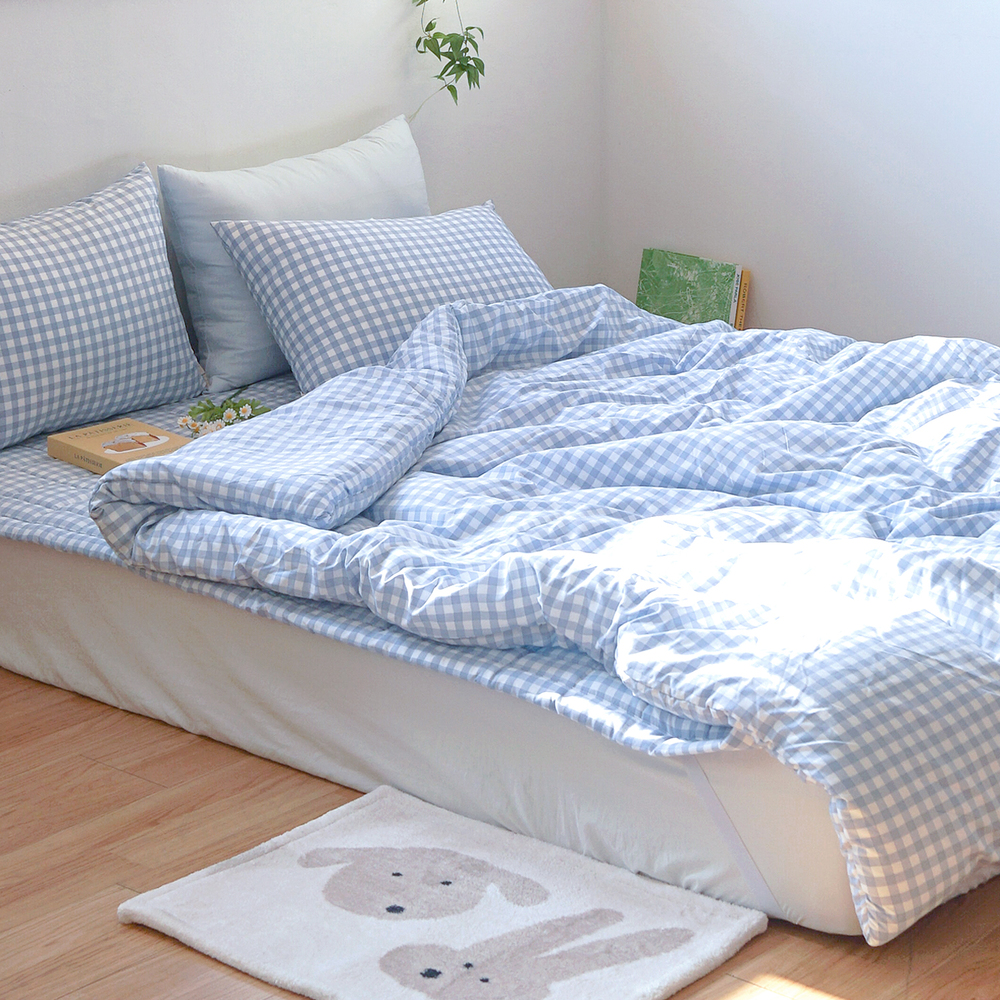 드림체크 먼지없는 사계절 옥수수솜 무봉제 차렵이불세트 소프트 블루, SS베이직세트(이불+베개커버)