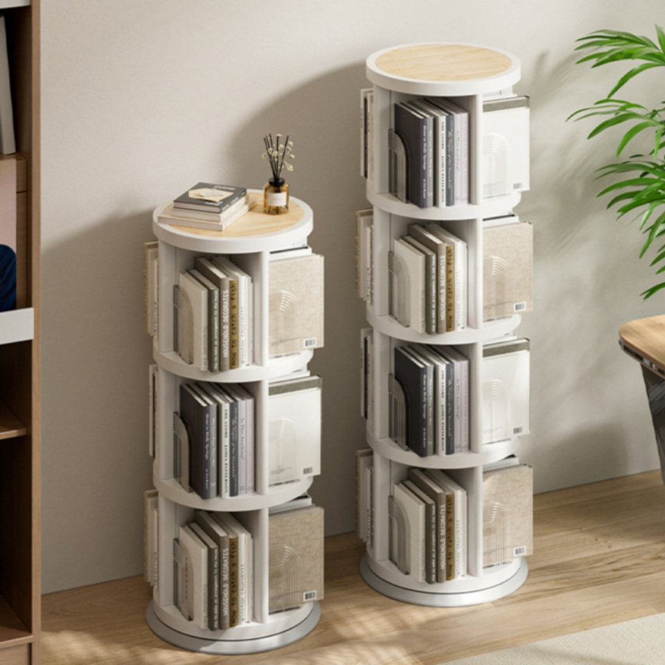 360도 회전하는 미드센추리 원형 책장 틈새 코너 공간 활용 회전 책꽂이 2단