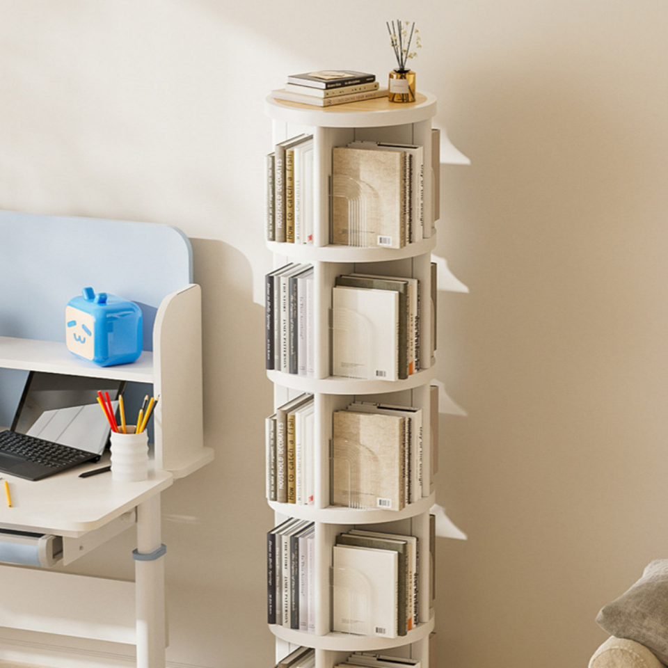 360도 회전하는 미드센추리 원형 책장 틈새 코너 공간 활용 회전 책꽂이 2단