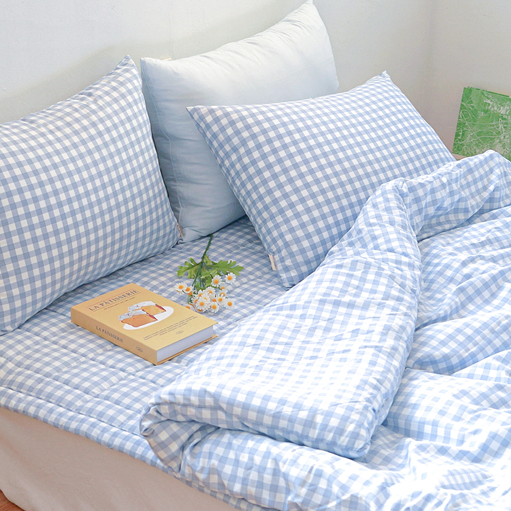 드림체크 먼지없는 사계절 옥수수솜 무봉제 차렵이불세트 소프트 블루, SS베이직세트(이불+베개커버)