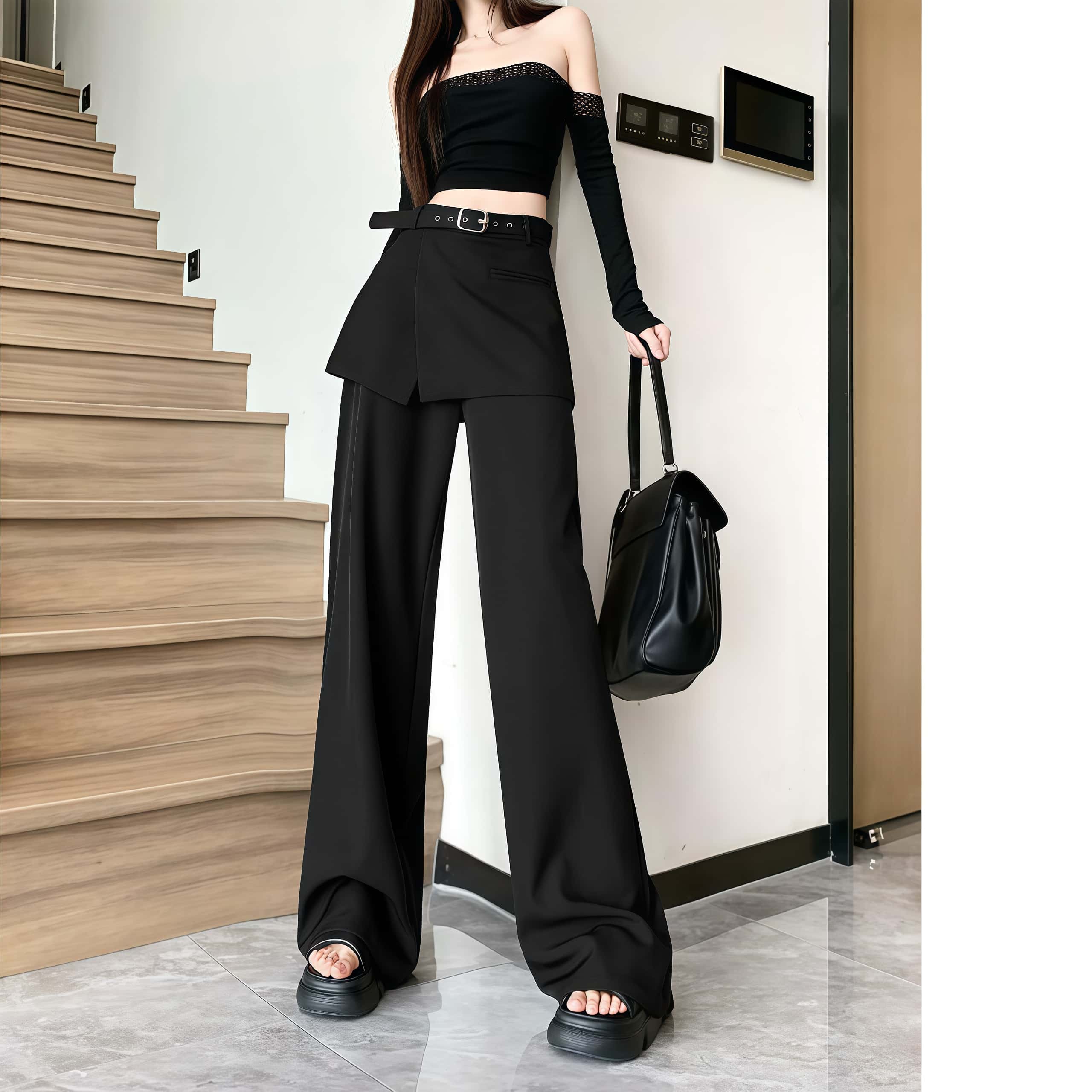 여성 Y2K 힙딥커버 와이드팬츠 루즈핏 레이어드 하이웨스트 슬랙스 빅사이즈 캐주얼바지 - 상세 이미지 2