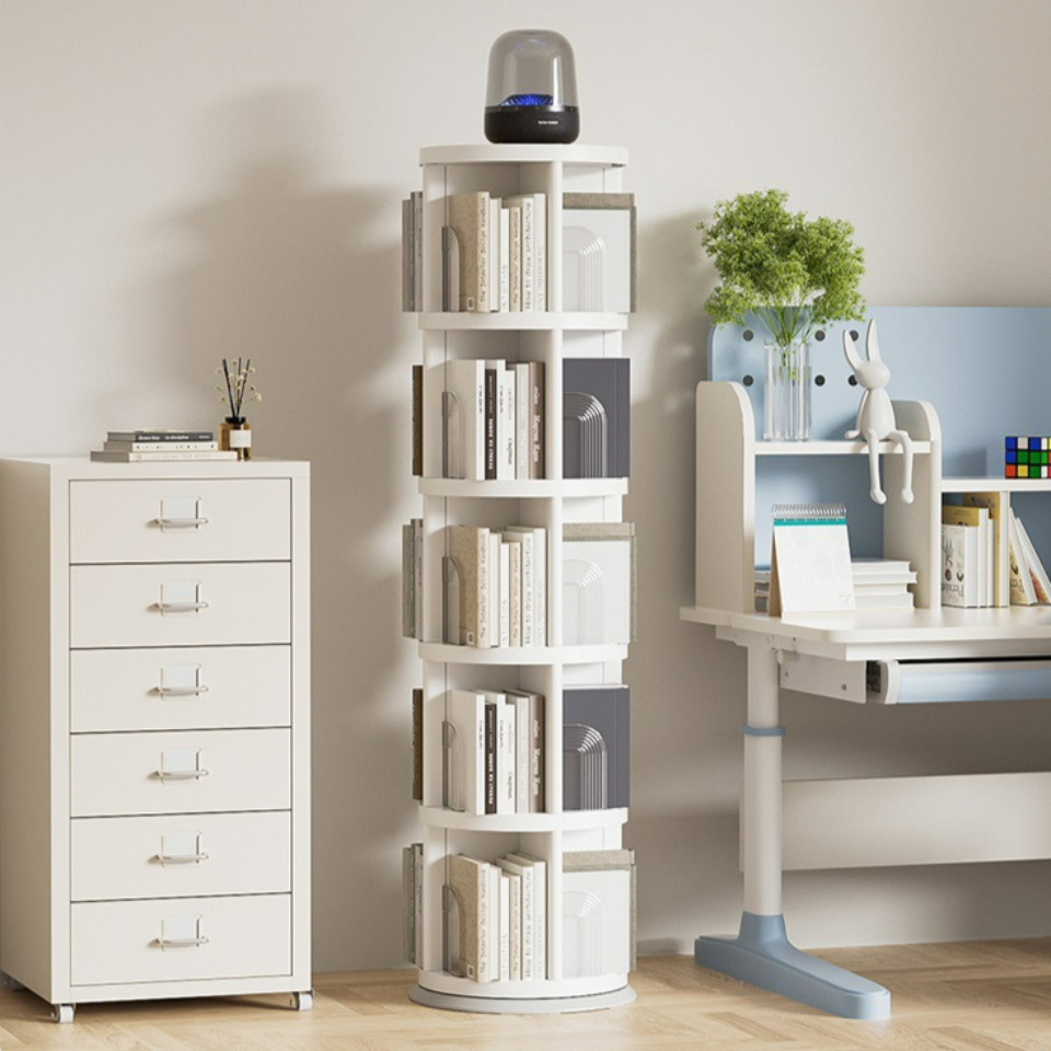 360도 회전하는 미드센추리 원형 책장 틈새 코너 공간 활용 회전 책꽂이 2단