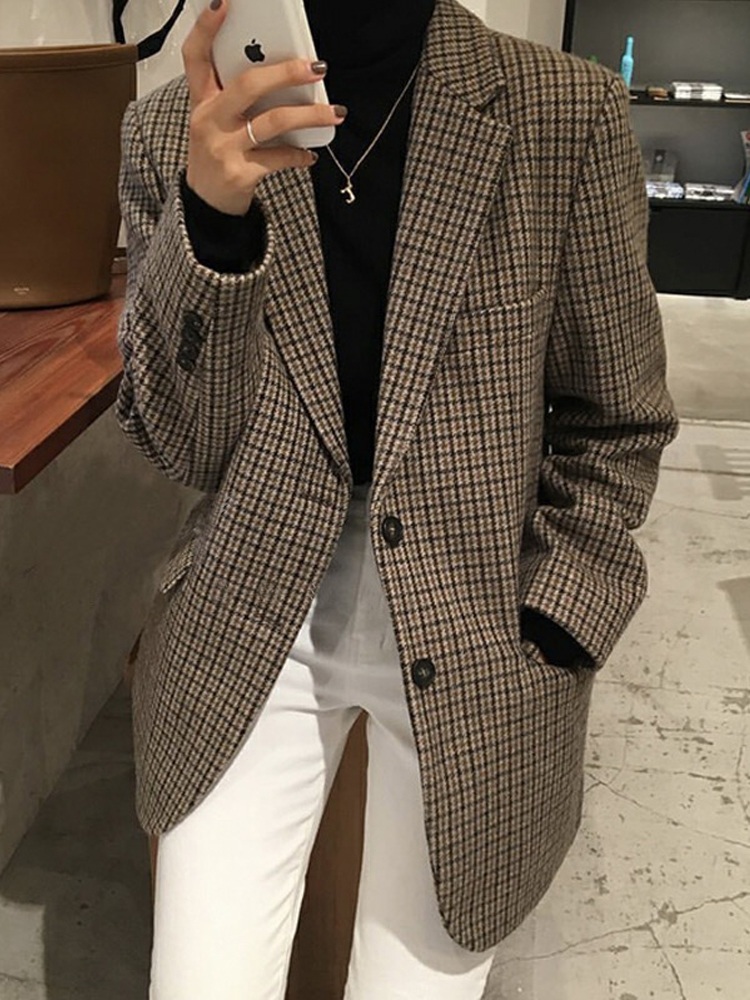 브라운 체크 자켓 빈티지 루즈핏 예쁜 디자인 여자 연예인 패션 - 상품 이미지