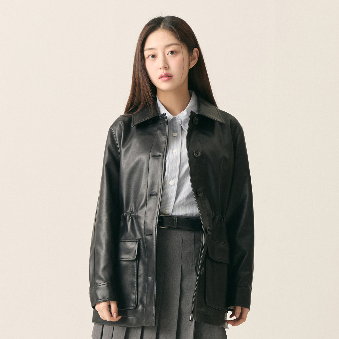 [N배송] 로엠 미디 페이크 레더 자켓 RMJKF12R16