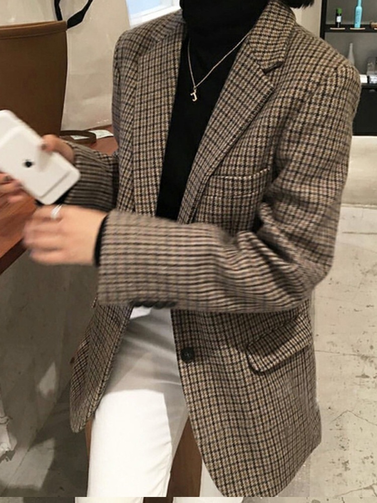 브라운 체크 자켓 빈티지 루즈핏 예쁜 디자인 여자 연예인 패션 - 상세 이미지 2