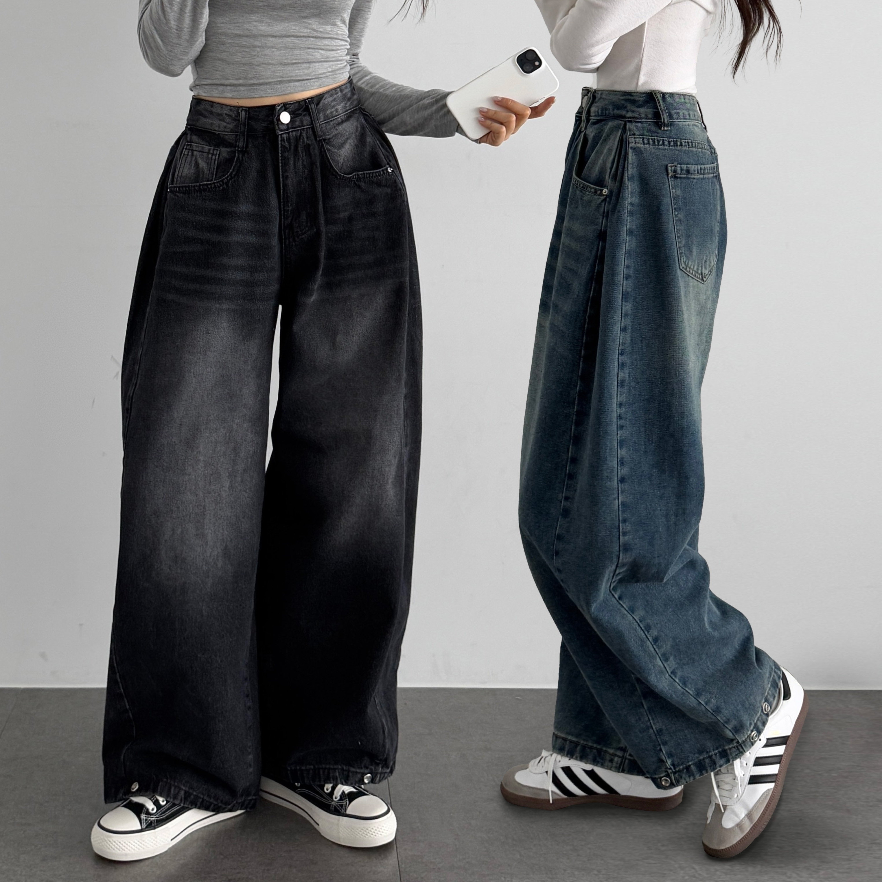 1+1 핀턱와이드팬츠 세미와이드청바지 흑청 진청 연청데님 - 상품 이미지