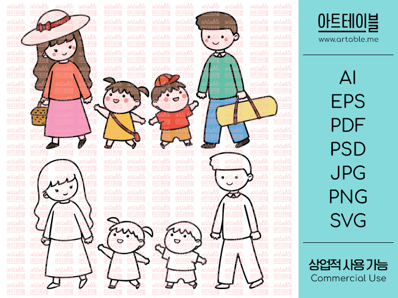 캐릭터 템플릿 가족 소풍 일러스트 디지털파일 4종 엄마 아빠 어린이 캐릭터 - 상세 이미지 2