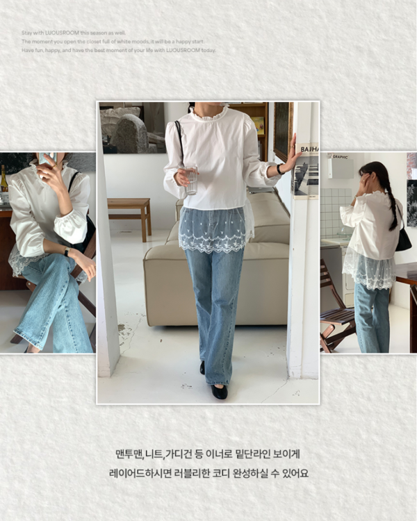 라이즈 라운드넥 핀턱 프릴 레이스 레이어드 블라우스 - 상세 이미지 3