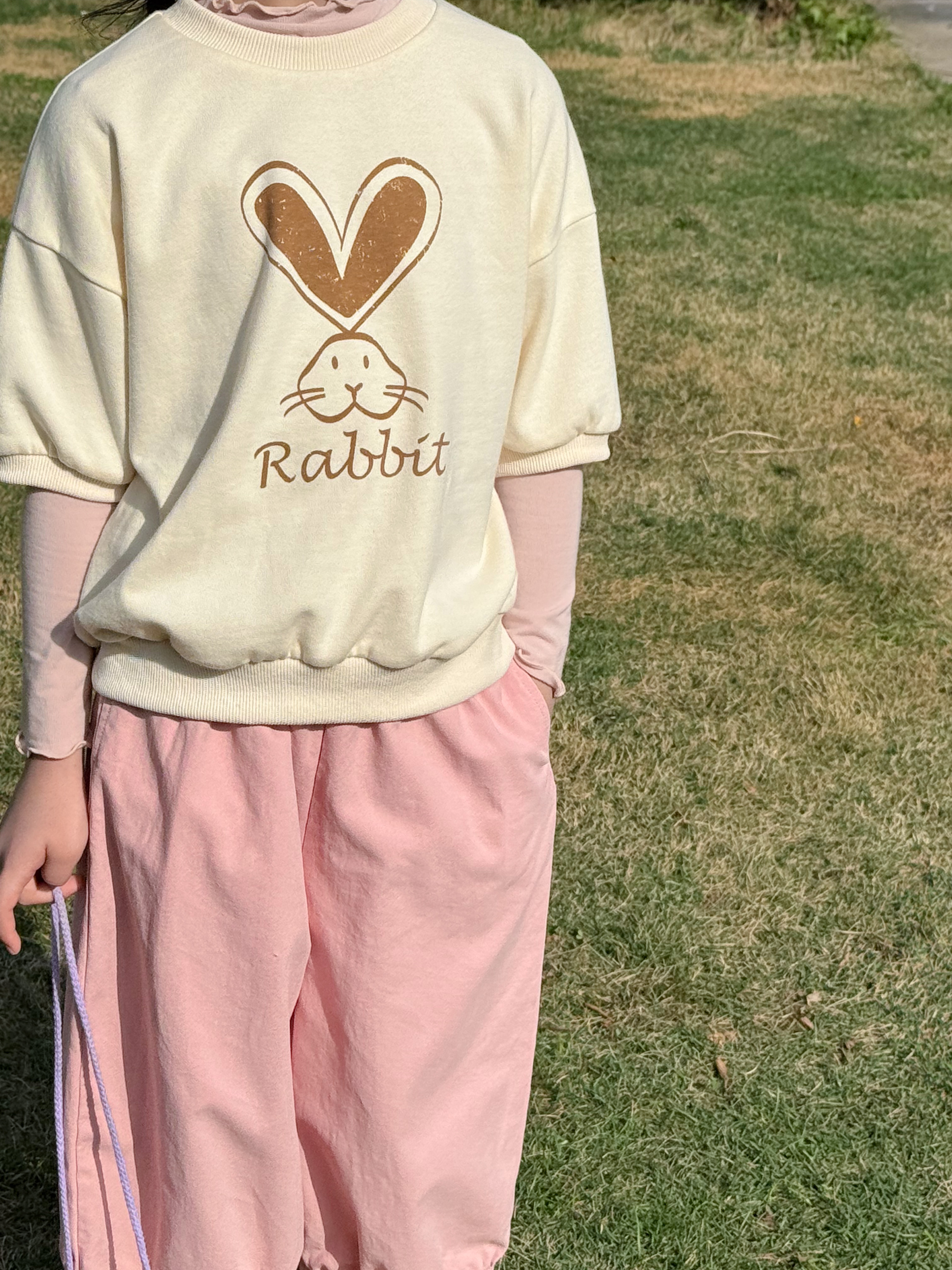 Irene's Closet 토끼 프린트 루즈핏 5부 소매 맨투맨 유아 주니어 봄 여름