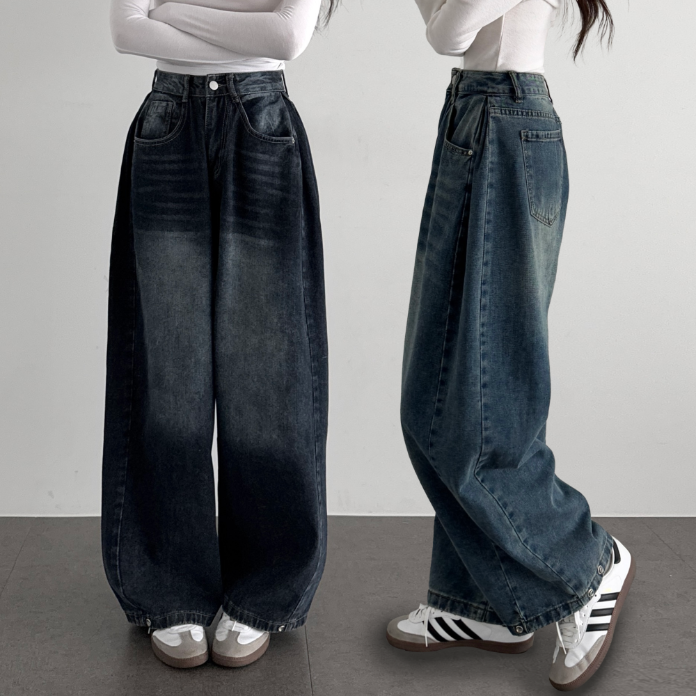 여성 롱팬츠 빈티지 워싱 밑단 스냅버튼 사이드 핀턱 와이드 데님 팬츠 - 상품 이미지
