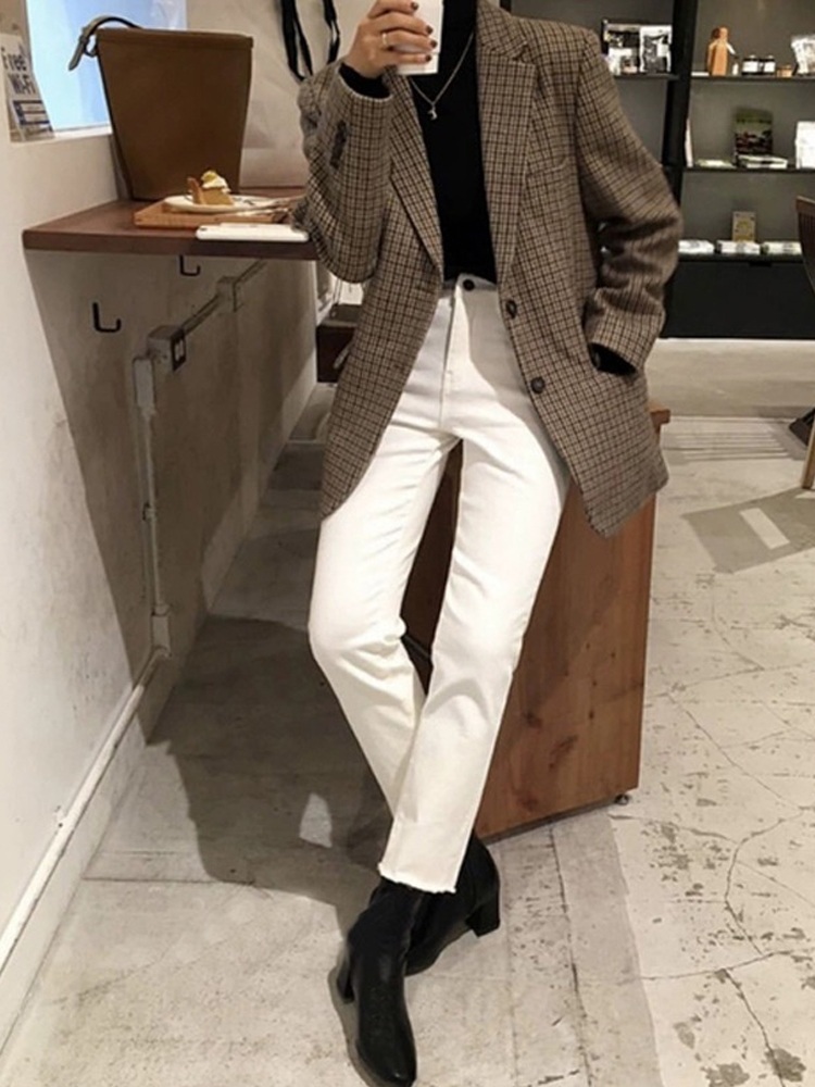 브라운 체크 자켓 빈티지 루즈핏 예쁜 디자인 여자 연예인 패션 - 상세 이미지 3