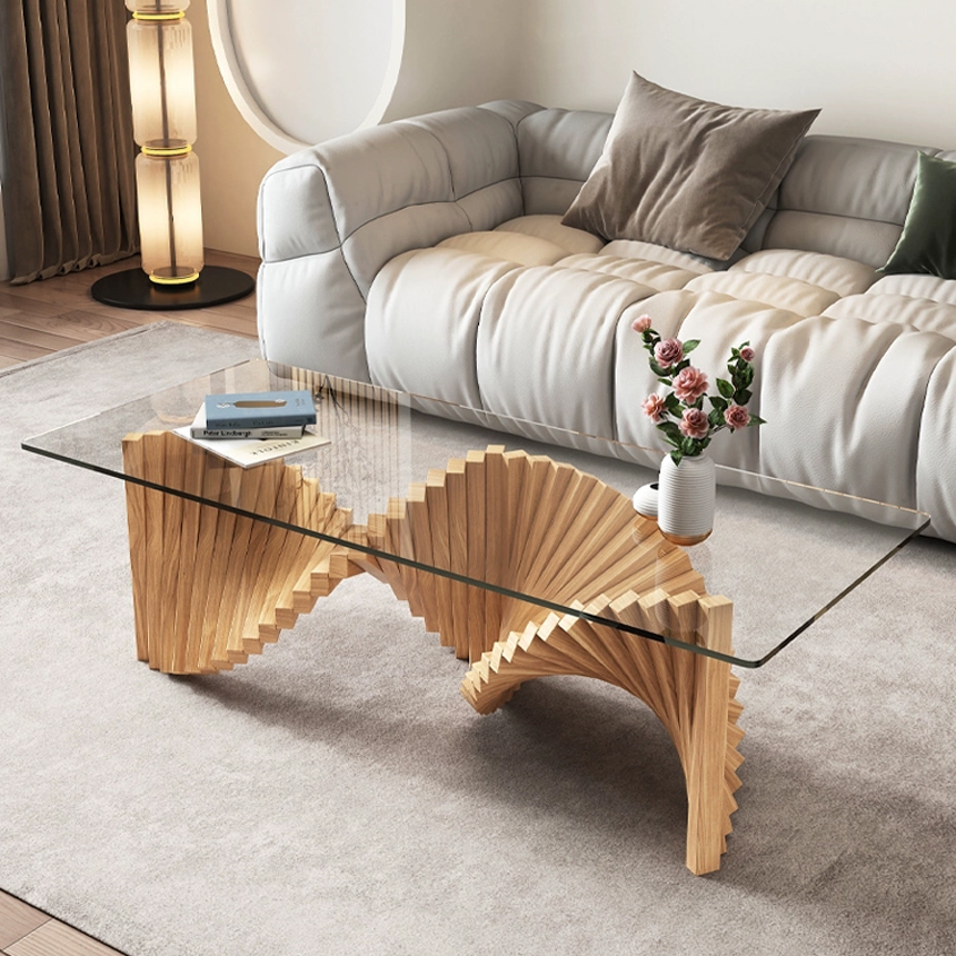 헬릭스 강화유리 원목 거실 티 테이블 98cm