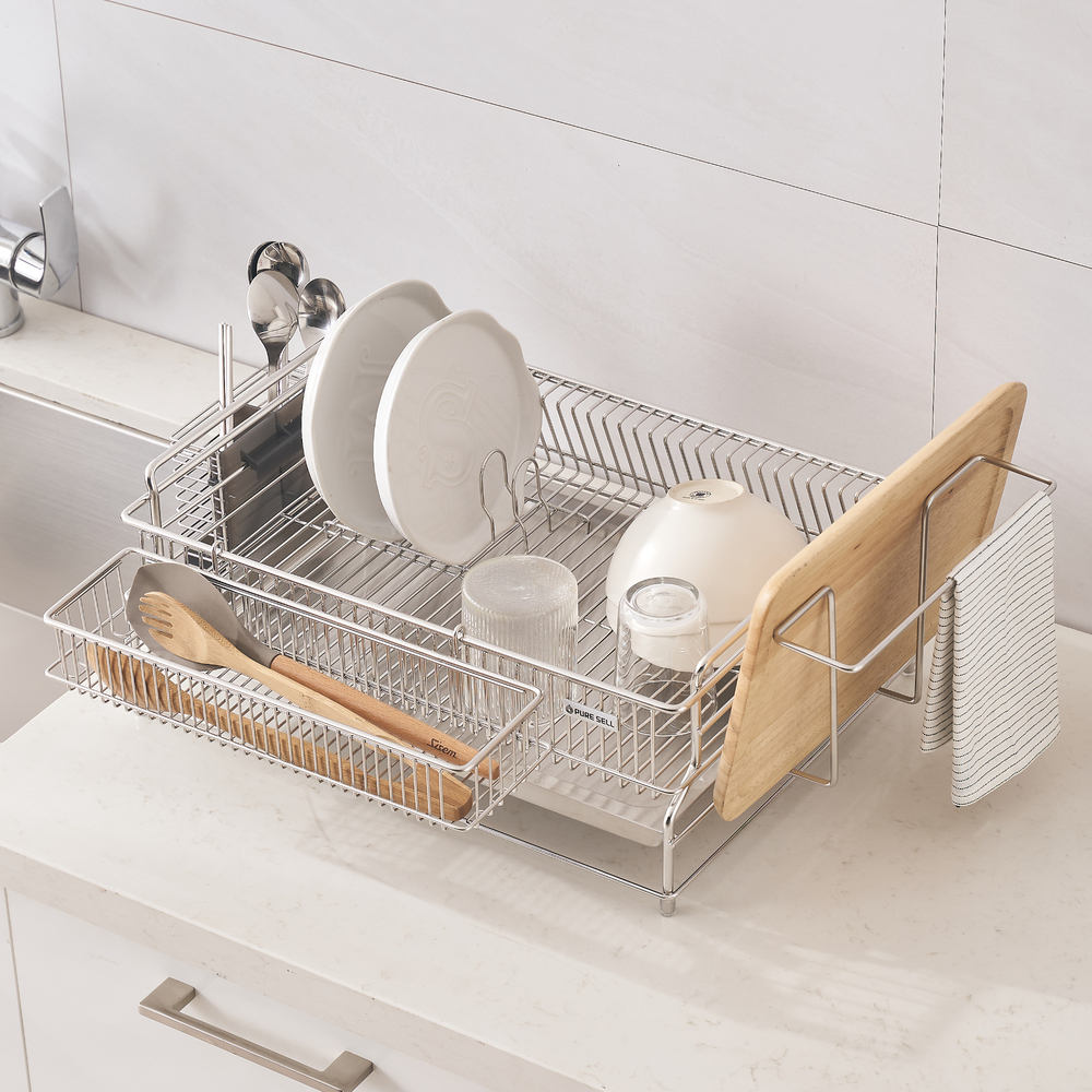 퓨어셀 물빠짐 스텐 식기 건조대 주방 싱크대 그릇 설거지 선반 1단 쟁반형+ACC 4종