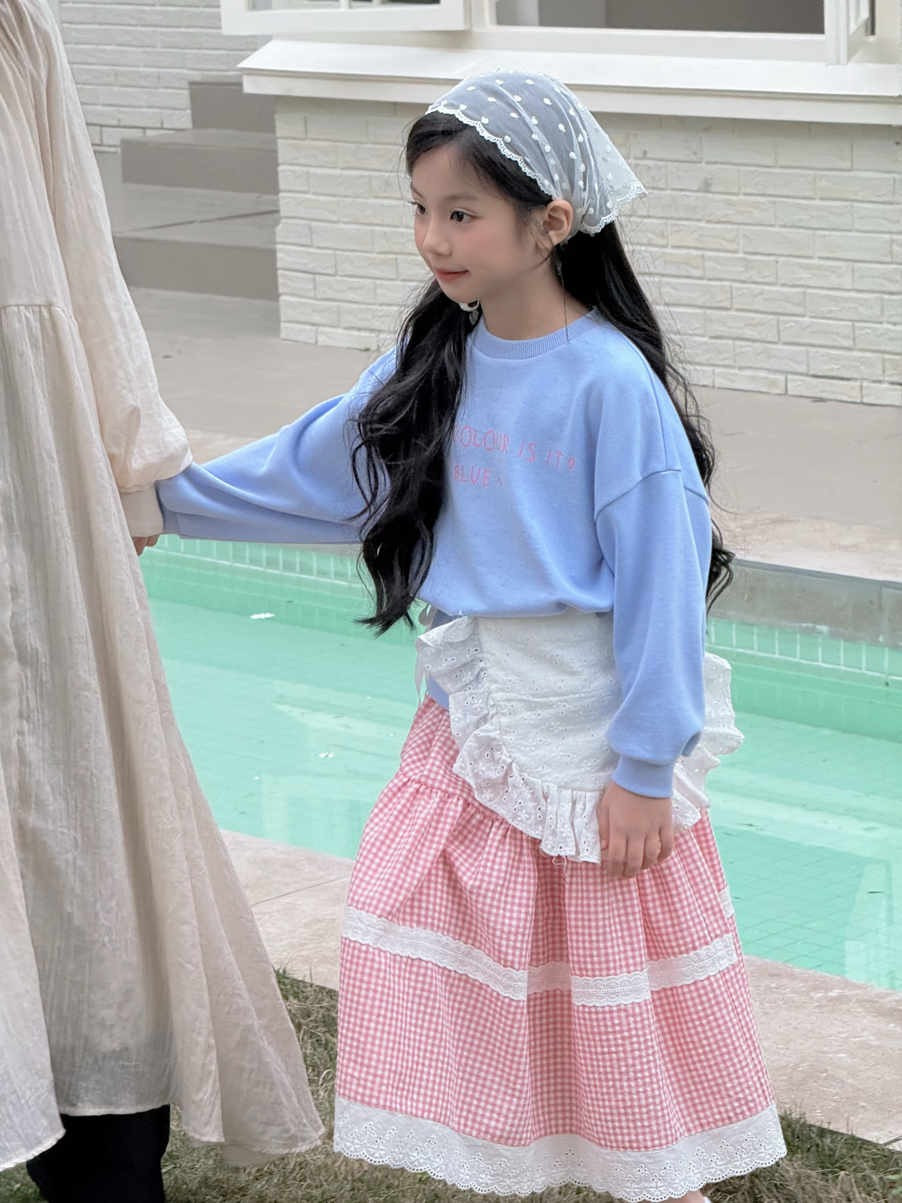 Irene's Closet 잔체크 레이스 배색 티어드 롱 스커트 유아 주니어 봄 간절기