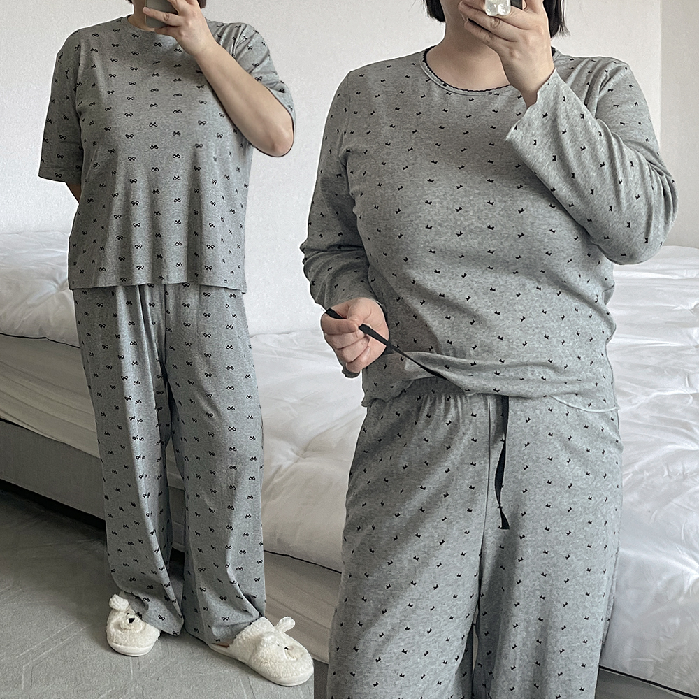 빅사이즈잠옷 집에서입는옷 면파자마 반팔긴바지잠옷 귀여운 리본 편한옷 여자홈웨어 - 메인 이미지