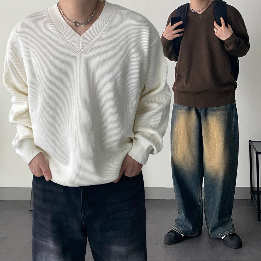 1+1 남자브이넥니트 남성봄니트 - 상품 이미지
