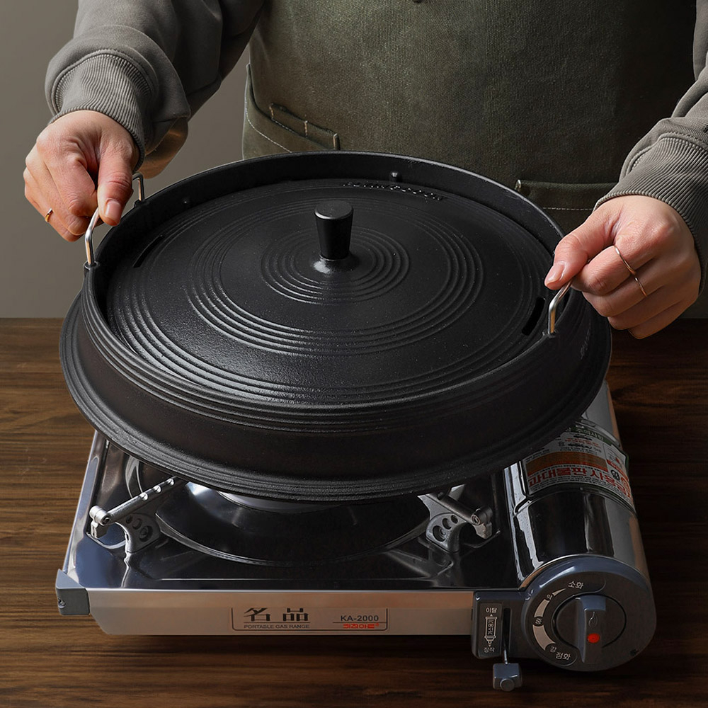 무쇠 주물 솥뚜껑 불판 삼겹살 오리 불고기 원형 냉삼 구이판 직화 논스틱 기름받이 철판